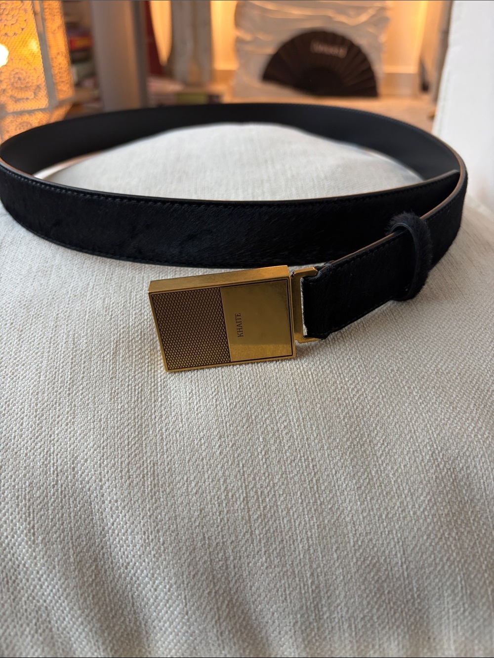 $980 Khaite Elio belt antique gold black ponyhair size 85